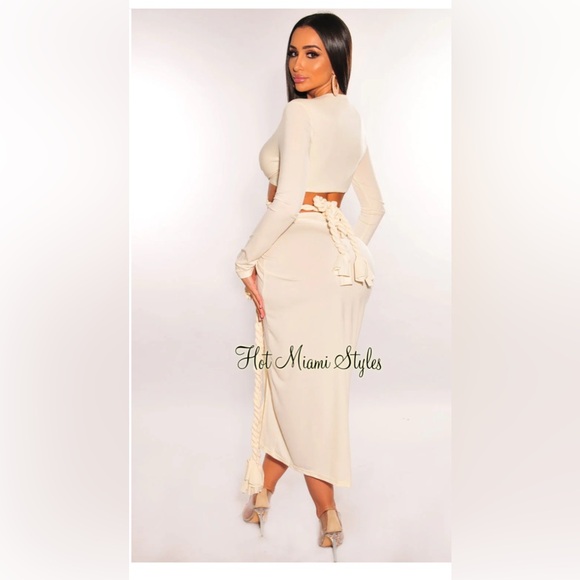 Hot Miami Styles- CREAM LONG SLEEVE WRAP AROUND TWIST ROPE SKIRT TWO PIECE SET - Picture 2 of 2